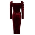 thumbnail image 5 of IWRICH Women's Square Neck Long Sleeve Velvet Skirt Ruched High Waisted Bodycon Mini Dresses Red XL, 5 of 5