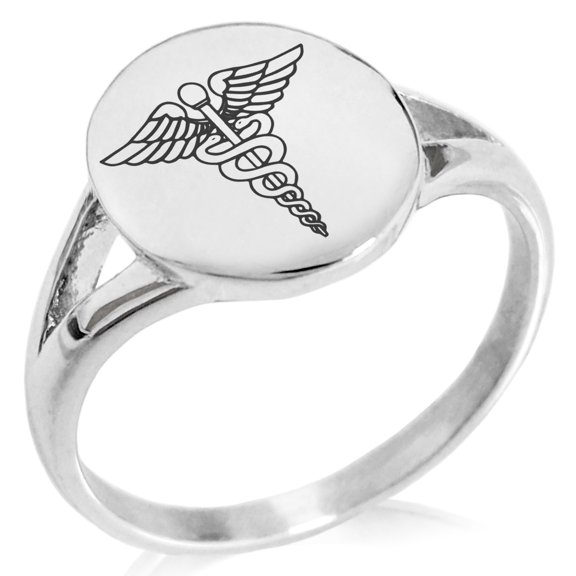 Tioneer Stainless Steel Caduceus Staff Oval Top Polished Statement Signet Ring