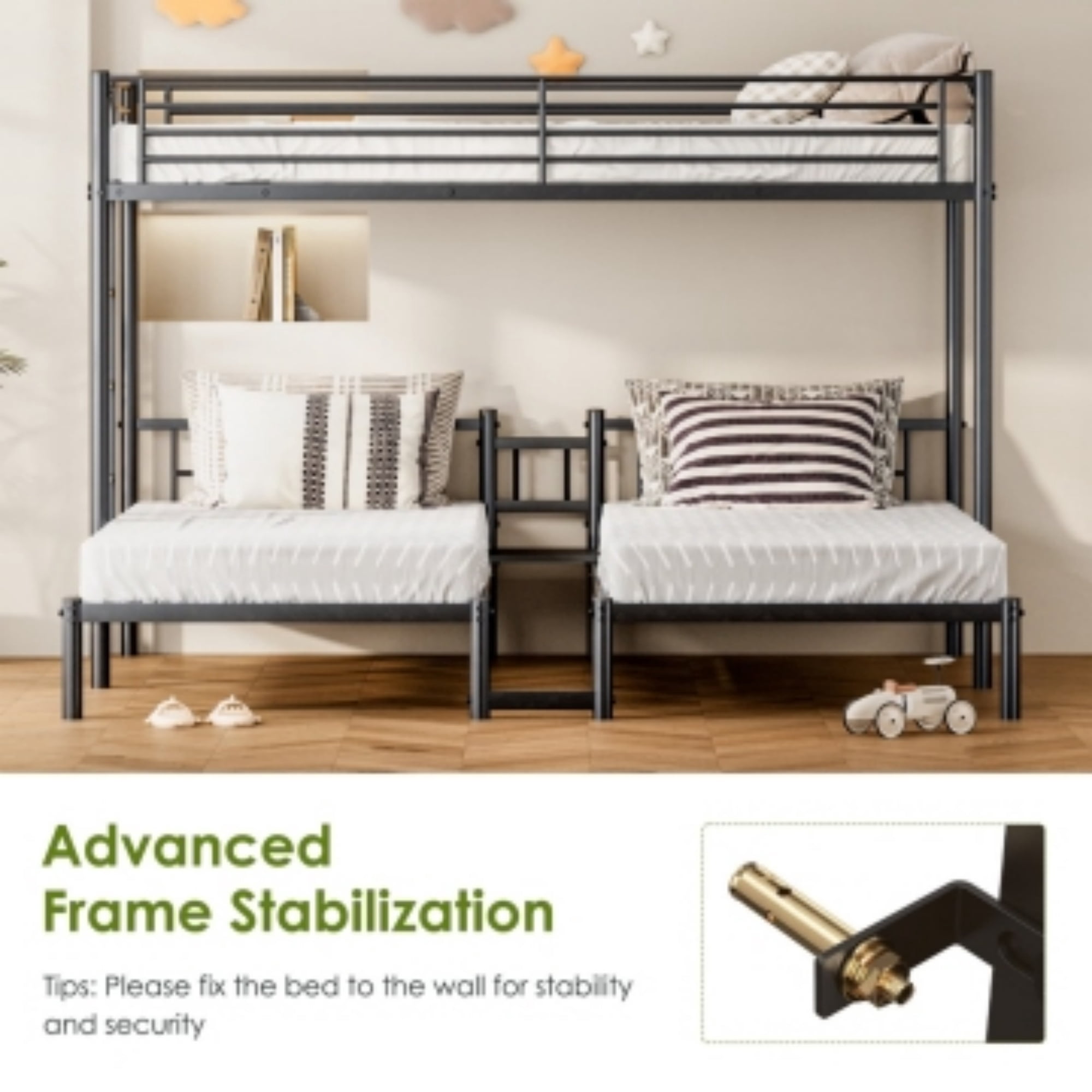 GARITIN Triple Bunk Bed for 3 People Twin XL Over Twin Size, Sturdy Metal Frame with Full Guardrail, Includes Ladder and Storage Shelf, Space Saving Bedroom Furniture, Black