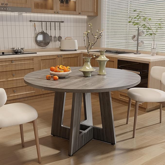 Gelloan 47" Round Dining Table for 4-6 Persons, Modern Farmhouse Wooden Kitchen Table for Dining Room Kitchen,Gray (Only Table)