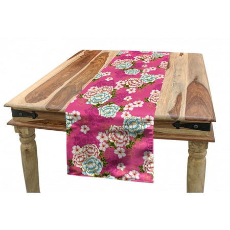 

Traditional Table Runner Vivid Botanical Pattern from Taiwan Hakka Culture with Peony and Hibiscus Dining Room Kitchen Rectangular Runner 3 Sizes by Ambesonne