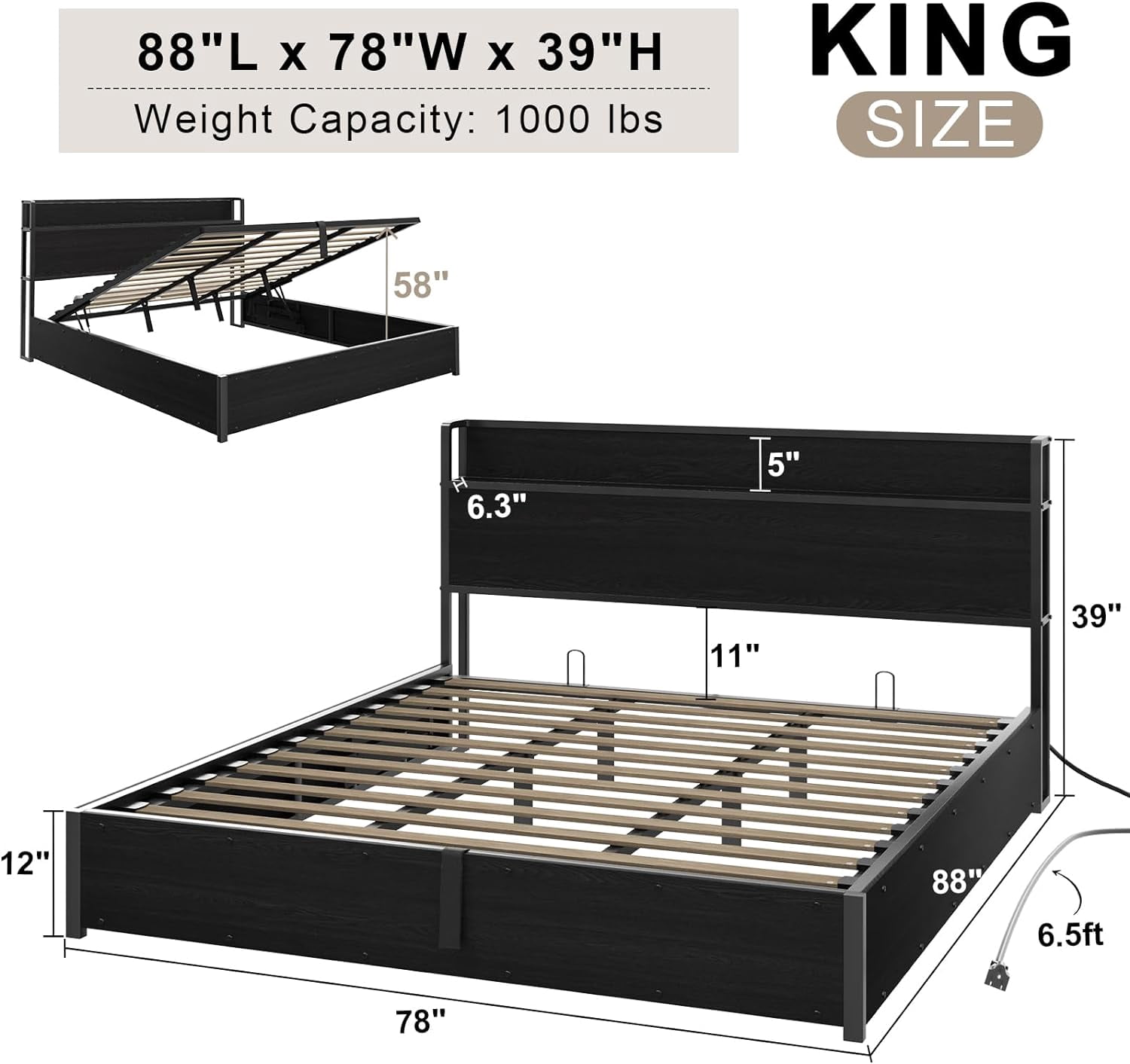 VanAcc 39.2" Lifting Storage & Charging Station Standard Bed Frame, King