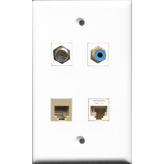 RiteAV 1 Port RCA Blue and 1 Port Coax Cable TV- F-Type and 1 Port Phone RJ11 RJ12 Beige and 1 Port Cat6 Ethernet White Wall Plate
