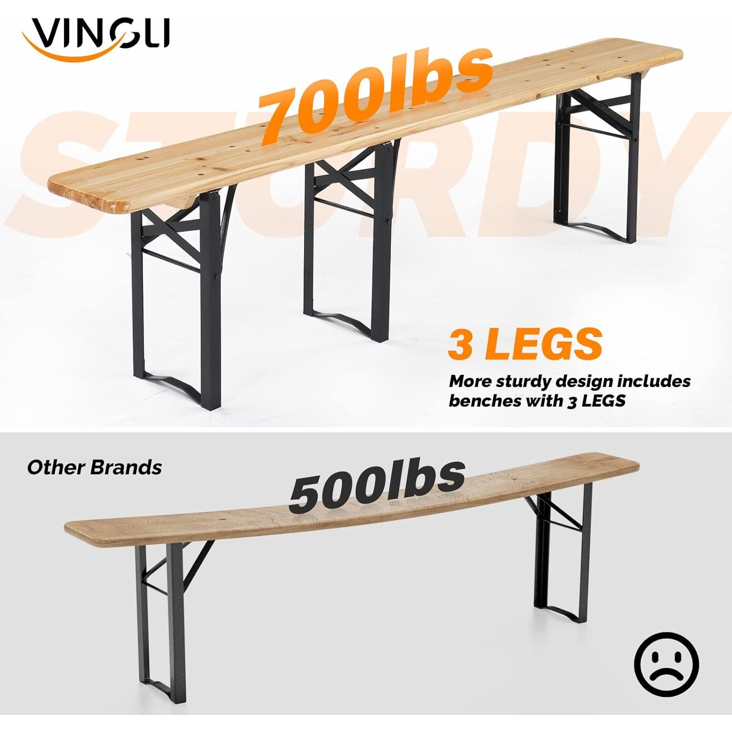 VINGLI Folding Picnic Tables with Benches Set, Weather-Resistant Wooden Beer Garden Table Bench, 3-Piece Portable Fold Up Camping BBQ Table w/Carrying Handles