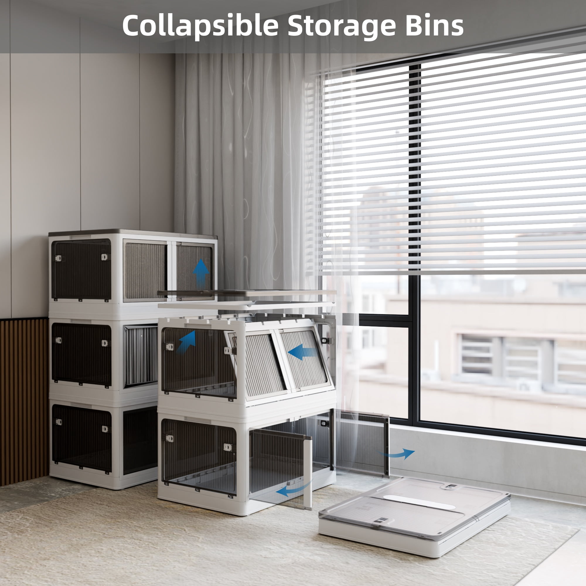 GARITIN 506QT 4-Pack Transparent Stackable Storage Bins with 5 Doors and Wheels, Collapsible Folding Plastic Closet Organizer Containers for Bedroom Living Room Laundry Toys, White