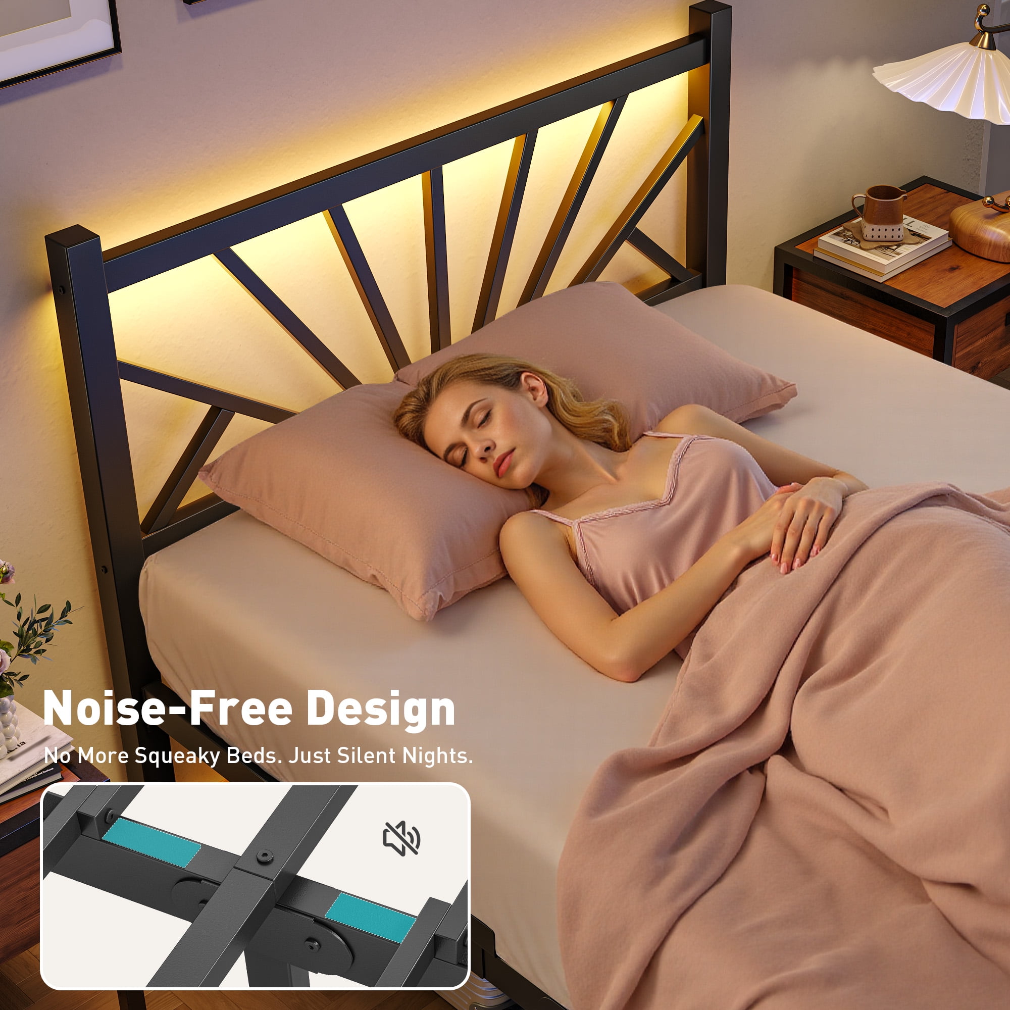 Twin Size Metal Bed Frame with Headboard Metal Platform Bed Frame with LED Lights Bed Frame Twin with Storage Underbed, Noise Free, No Box Spring, Black
