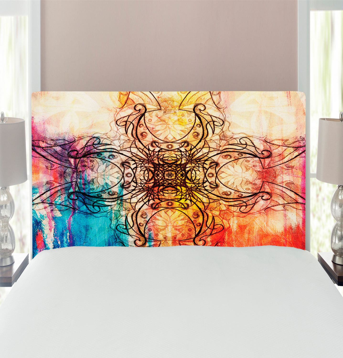 Mandala Headboard, Ornate Original Mandala Sketch over Colorful Dirty