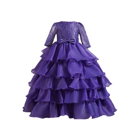 

TheFound Kids Girls Sequin Dress Long Sleeve Tulle Ruffle Stitching Multi-Layer Mesh Maxi Princess Dress Wedding Party Dresses
