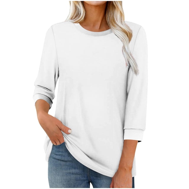 Enjoytime Blouses pour Femmes Habillées Décontractées Couleur Unie Col Rond Manches 3/4 Hauts Tendance Chemises de Travail Blanches P