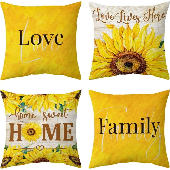 Sunflower Throw Pillow Covers Set of 4, Summer Outdoor Yellow Floral Throw Pillow Case For Sofa Bedroom Living Room Couch, Home Sweet Home Cushion Covers Decorative, 18 X 18 Inches