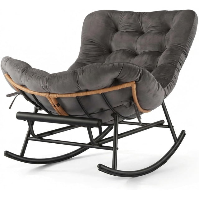 YUSAZENS Indoor Outdoor Rocking Chair - Rattan Rocker with Extendable Footrest, 352lbs Sturdy Large Lounge for Bedroom, Living Room Dark Gray