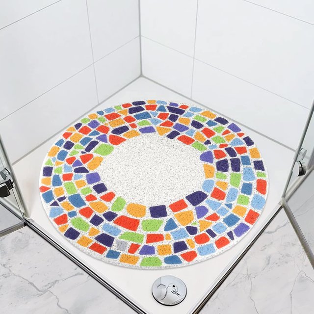 Alfombra de Ducha Antideslizante Redonda de 60 * 60 cm Colorida, Alfombra de baño de Lufa Triangular, Alfombra de Piso con desagüe para Ducha y baño