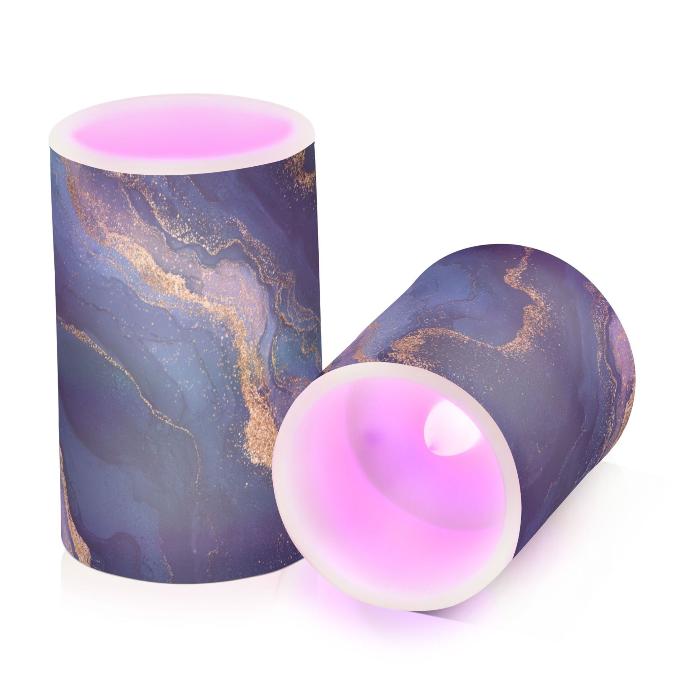 Blue and Gold Art Flickering Flameless Candles Battery Operated with Remote Timer LED Pillar Candles Set of 2