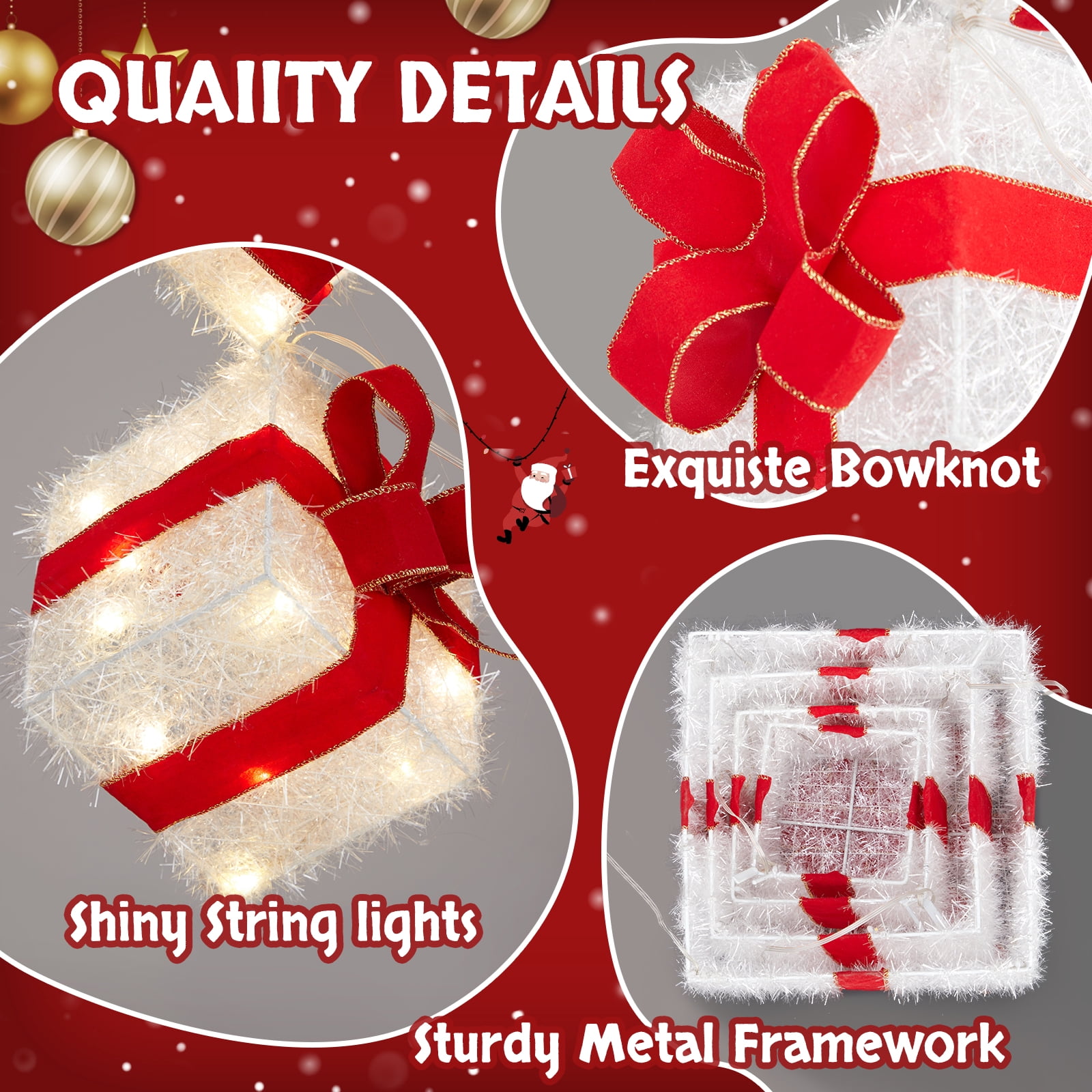 Astoutdoor Lighted Gift Box Tower, 3 ft Pre-lit Stacked Present Boxes with 80 LED Warm White Lights and Ground Stakes for Christmas Indoor Outdoor Decor