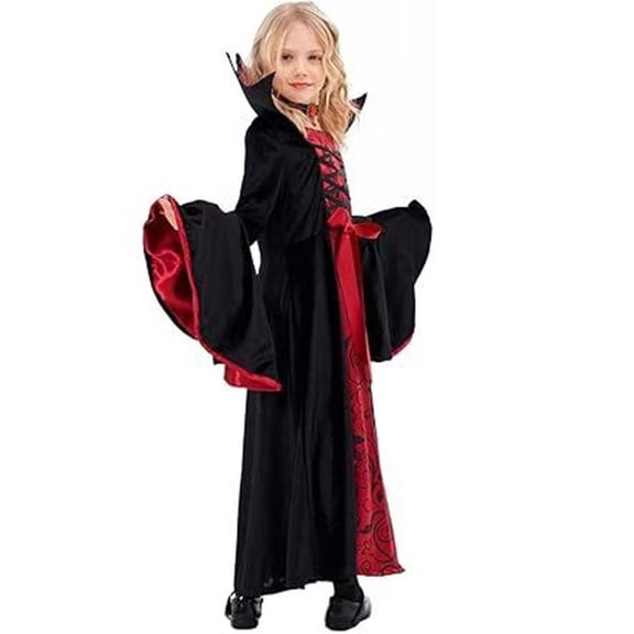 JCCXIN Toddler Baby Girls Vampire Halloween Outfits Elegant Dress-Up Party Clothes Long Sleeve Dresses With Choker 2 PC Set Trick Or Treat School Carnival Cool Outfit Sets,Red,4-5 Years