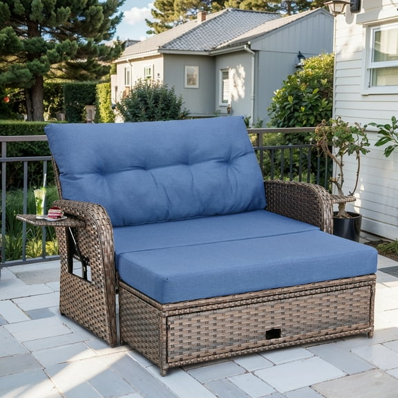 OPOHORO Outdoor Wicker Double Chaise Lounge with Ottoman, Adjustable Back, Hidden Storage, for Garden Yard Patio, Blue