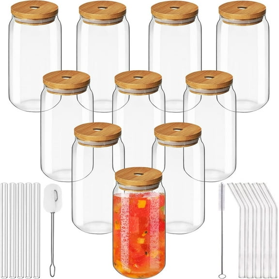 10 pack Beer Glass Cups with Bamboo Lids and Straws, 16oz Can Glasses Drinking Glasses Set of 10, Glass Tumbler Cups for Iced Coffee, Beer, Soda, Tea, Smoothies