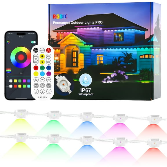 LOFTER-PRO Permanent Outdoor Lights, 100ft RGBIC Outdoor Lights with 60 LED Lights, IP67 Waterproof, 100 Scene Modes with 40lm White for Outdoor Decorations, Works with APP or Remote Control, White