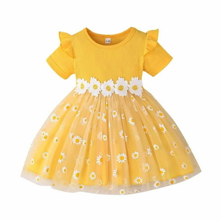 LUOGENLI Dress for Girls Toddler Girls  Floral Print Casual Dress Spring Summer Short Sleeve Playful Outfit Girls Easter Dresses Size 6 School Graduation Easter Dresses for Girls 5-6 Yellow 2-3 Years