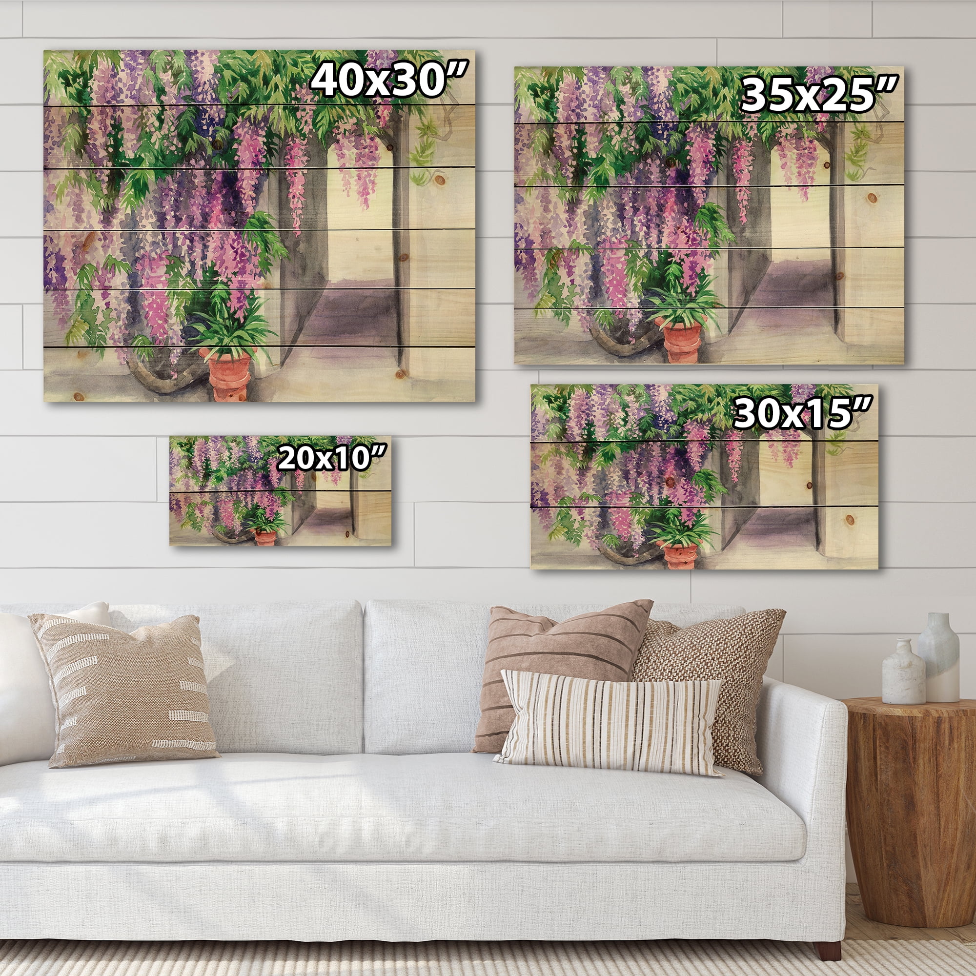 Designart 'Purple Wisteria Blossom' Traditional Print on Natural Pine Wood