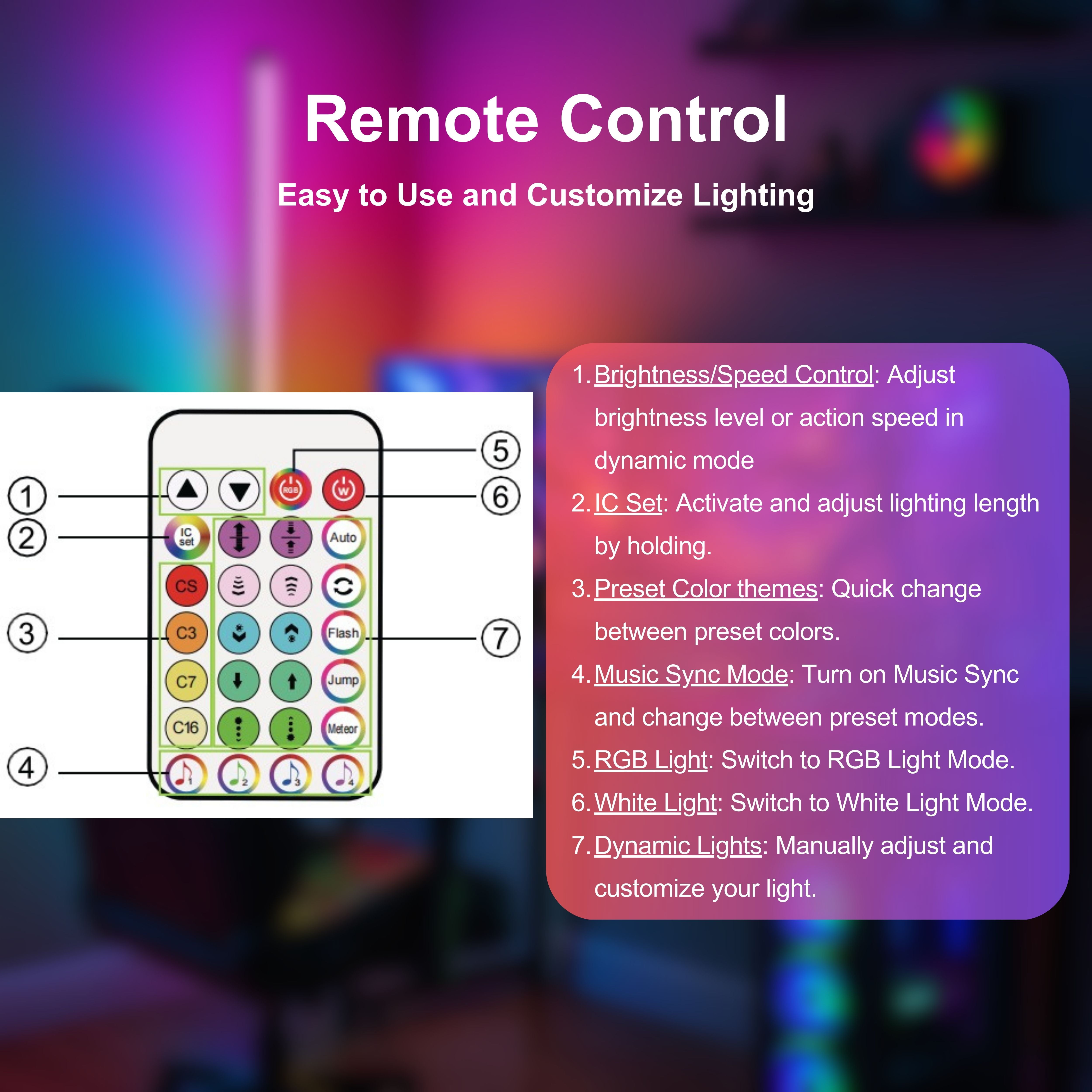 Corner Floor Lamp 58'' RGBICW LED with Music Sync, Remote Control, Color-Changing Ambient Lighting for Living Rooms, Gaming, Home Office (Round Base)