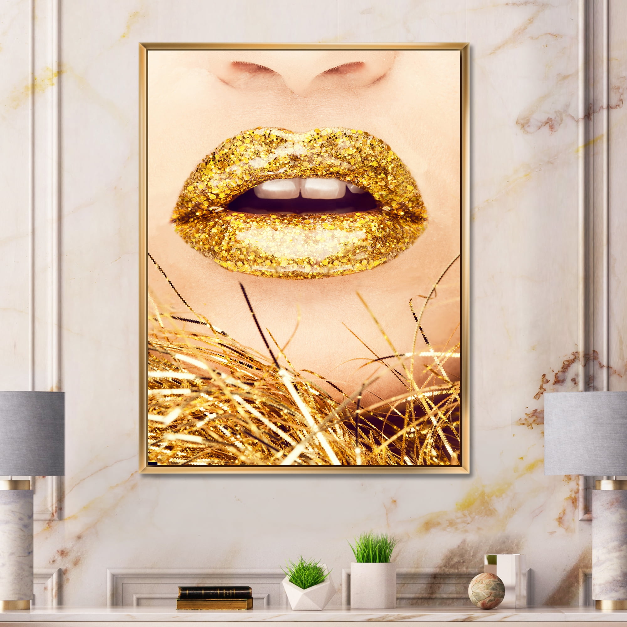 Designart 'Close-Up Of Golden Female Lips I' Modern Framed Canvas Wall Art Print