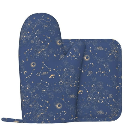 

navyblue star vintage Oven Mitts and Pot Holders Sets Heat Resistant Silicone Oven Mitts Pot Holders for Kitchen Cooking Baking Non-Slip Oven Gloves Hot Pads Potholders