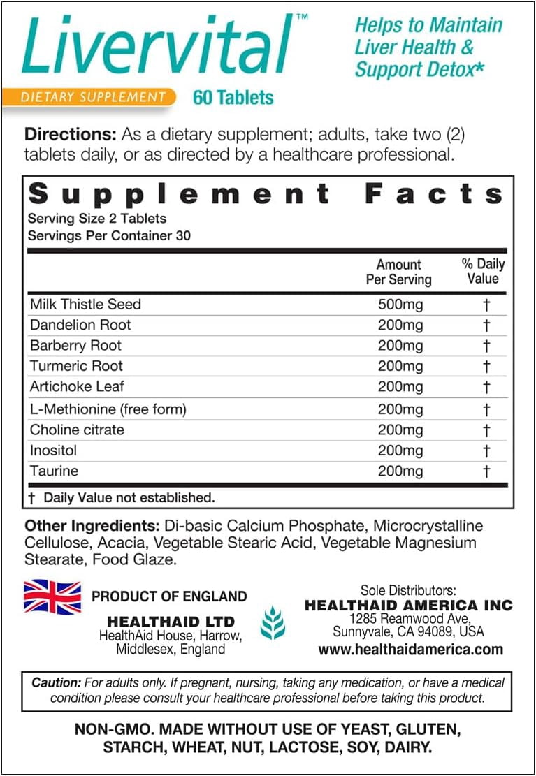 HealthAid LiverVital, Liver Health & Support, with Milk Thistle, Dandelion, Turmeric & Artichoke Plus Methionine, Choline & Inositol, 60 Vegetarian Tablets