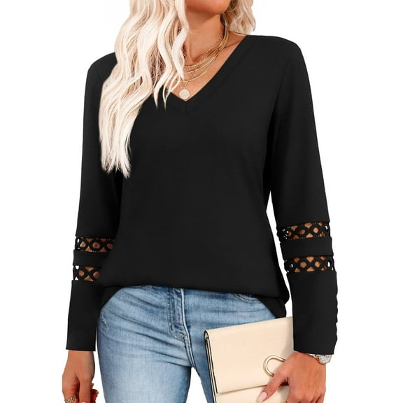 UVN Fall Blouses for Women Long Sleeve V Neck Tunic Tops Casual Hollow Out Curved Hem Dressy Shirts