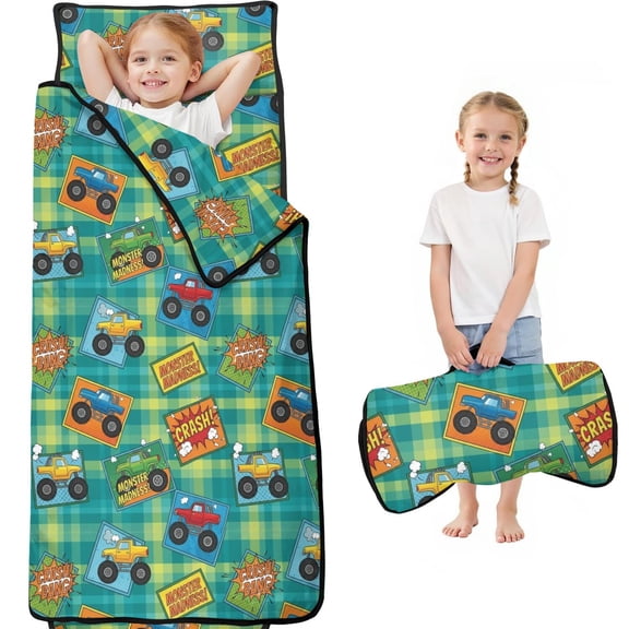 Monster Cartoon Truck Green Pattern Teens Toddler Nap Mat with Pillow, Sleeping Mat Bag for Preschool Daycare 59"x22"