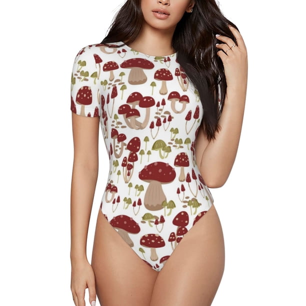 Balery Mushroom Body de cuello redondo de manga corta para mujer Tops de manga corta Tops básicos-Small