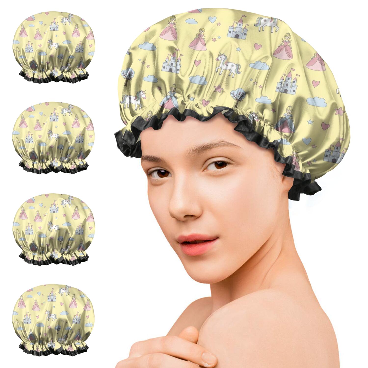 Shower Caps,Yellow Princess Unicorn Pattern Waterproof Shower Cap for Women 4 Pieces,Double Reusable Hair Cover for Shower PEVA Elastic Stretch Hem