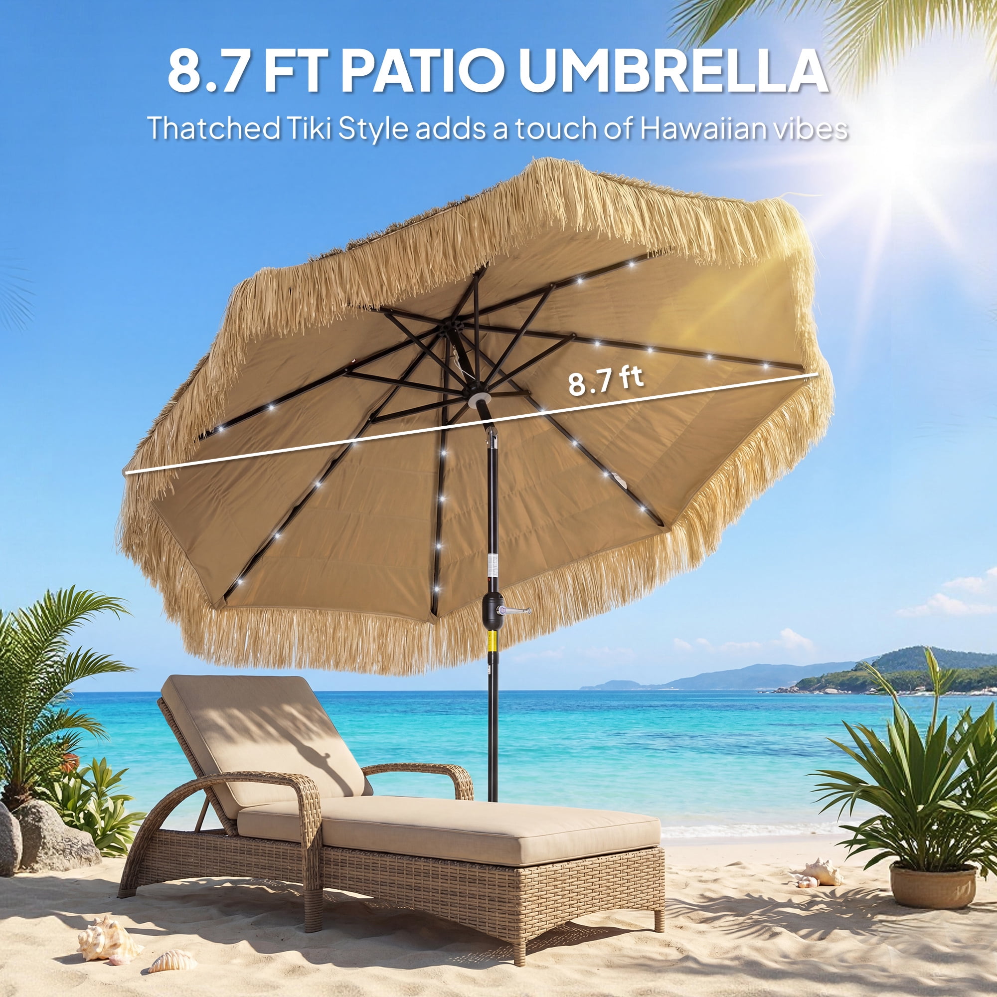 Outsunny 9 ft Hula Thatched Tiki Patio Umbrella with LED Solar Light, Tropical Hawaiian Style Outdoor Umbrella with Crank, Tilt, UPF30+, Khaki