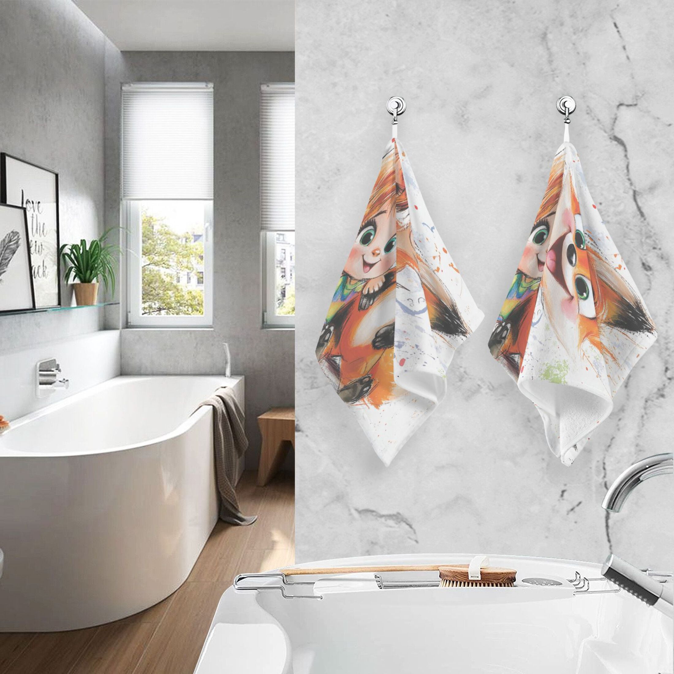 Baby and Fox Set of 2 Pure Cotton Towels, 16'' x 28'', Highly Absorbent and Soft