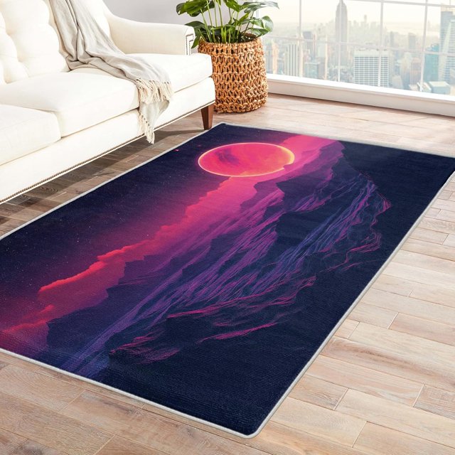 Vaporwave Area Rug - 4x6 Rug - Vaporwave Rug - 80s Neon Sunset Area Rug - Synthwave Mountain Rugs - Retro Futurism Carpet