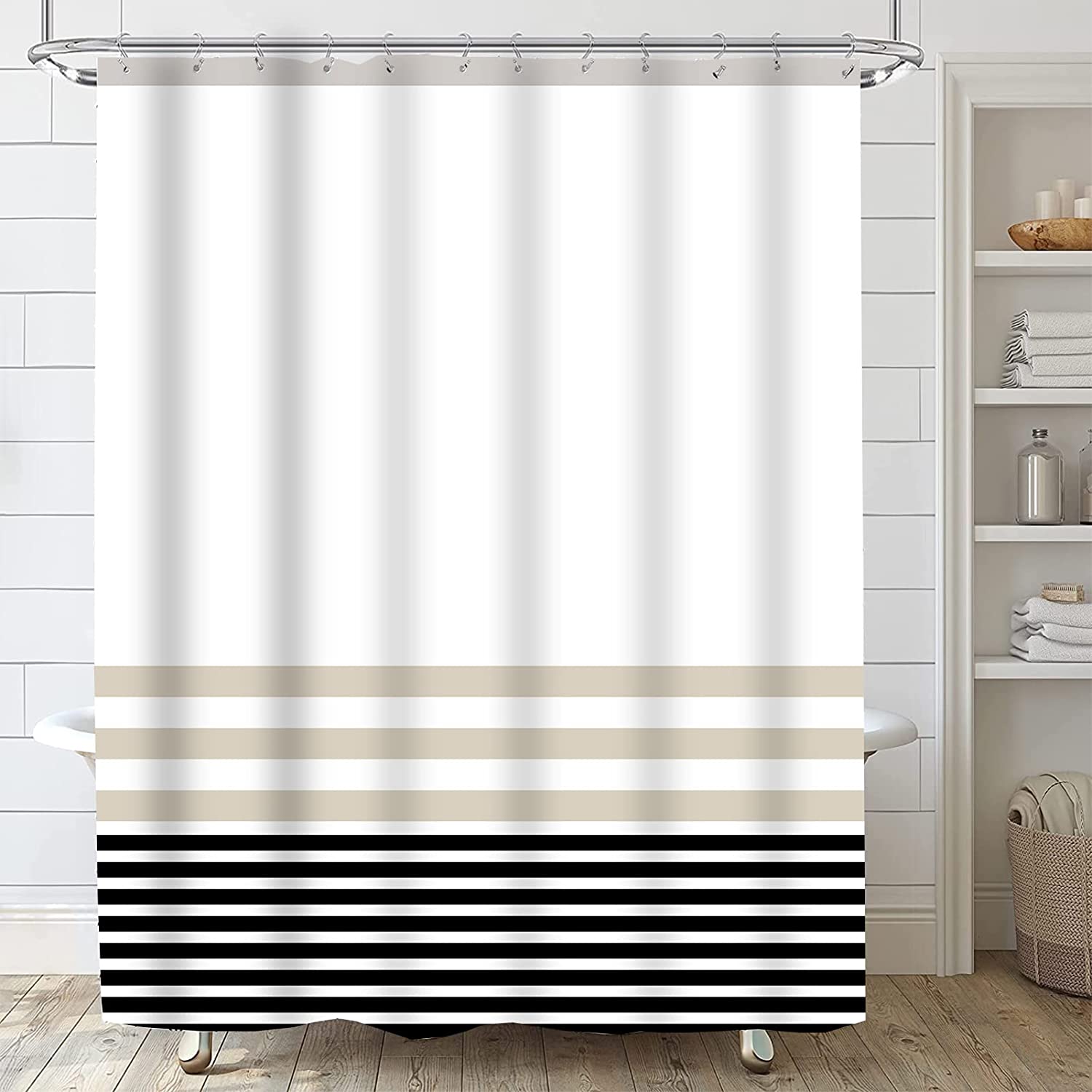 Black White Striped Shower Curtain Set, Modern Farmhouse Bathroom Curtain, Boho Polyester Fabric