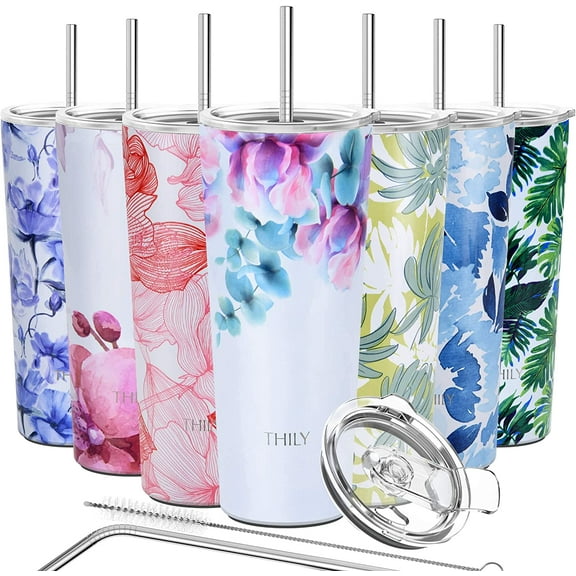 Stainless Steel Vacuum Insulated Tumbler - THILY Travel Mug 26 oz Coffee Cup with 2 Lids and Straws, Splash Proof, Keep Ice Drinks Cold, Pink Lilies