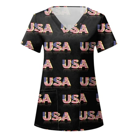 

Scrubs Tops For Women Printed Plus Size American 4Th Of July Print Blouse Short Sleeve With Pocket Loose Caring Workwear