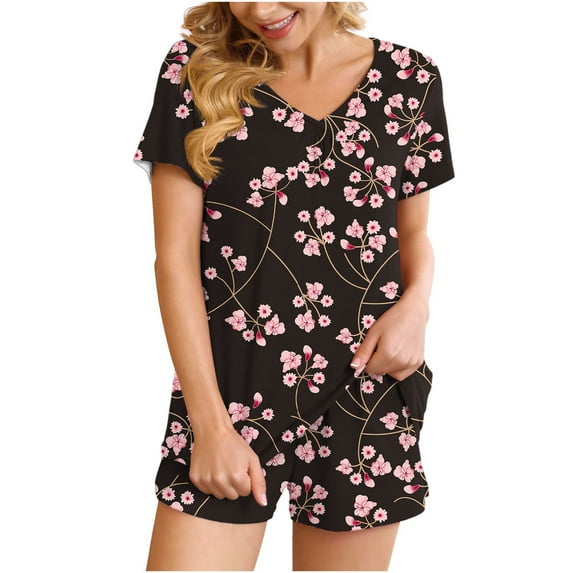 Aueoeo Pajamas for Women Shorts Set, Womens Pajama Sets Soft Short Sleeve Shirt and Shorts 2 Pieces Lounge Outfit Sets Sleepwear Nightwear Sleep Set