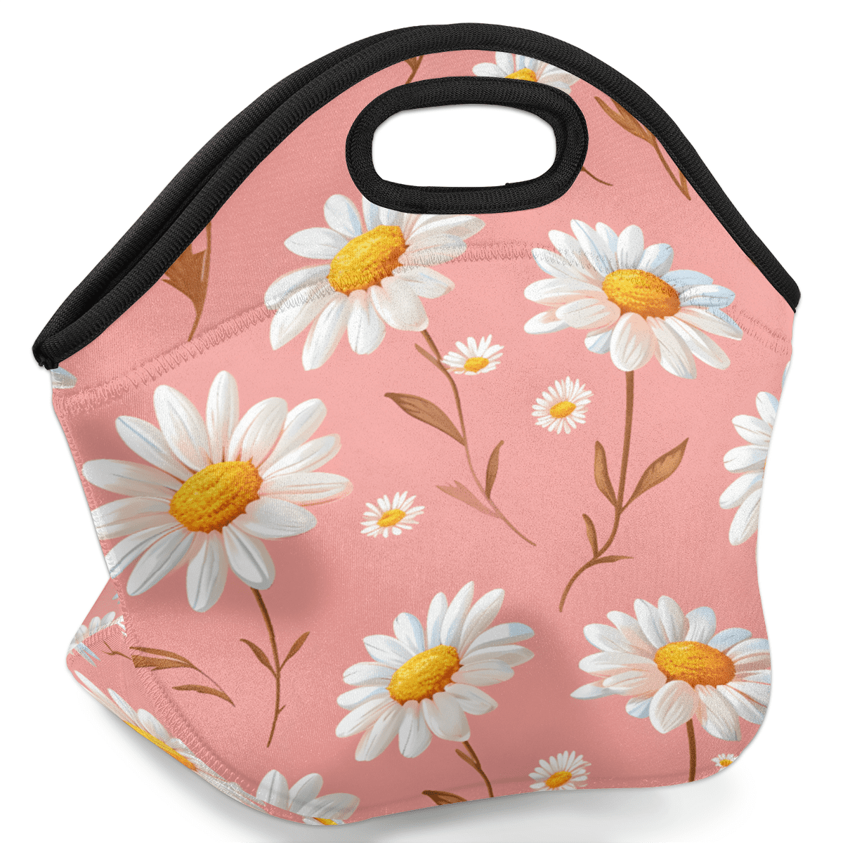 Herdesigns Pink Floral Neoprene Lunch Bag, Daisy Insulated Lunch Box for Women Men Washable Lunch Tote Soft Lunch Container With Zipper for Work Picnic Travel