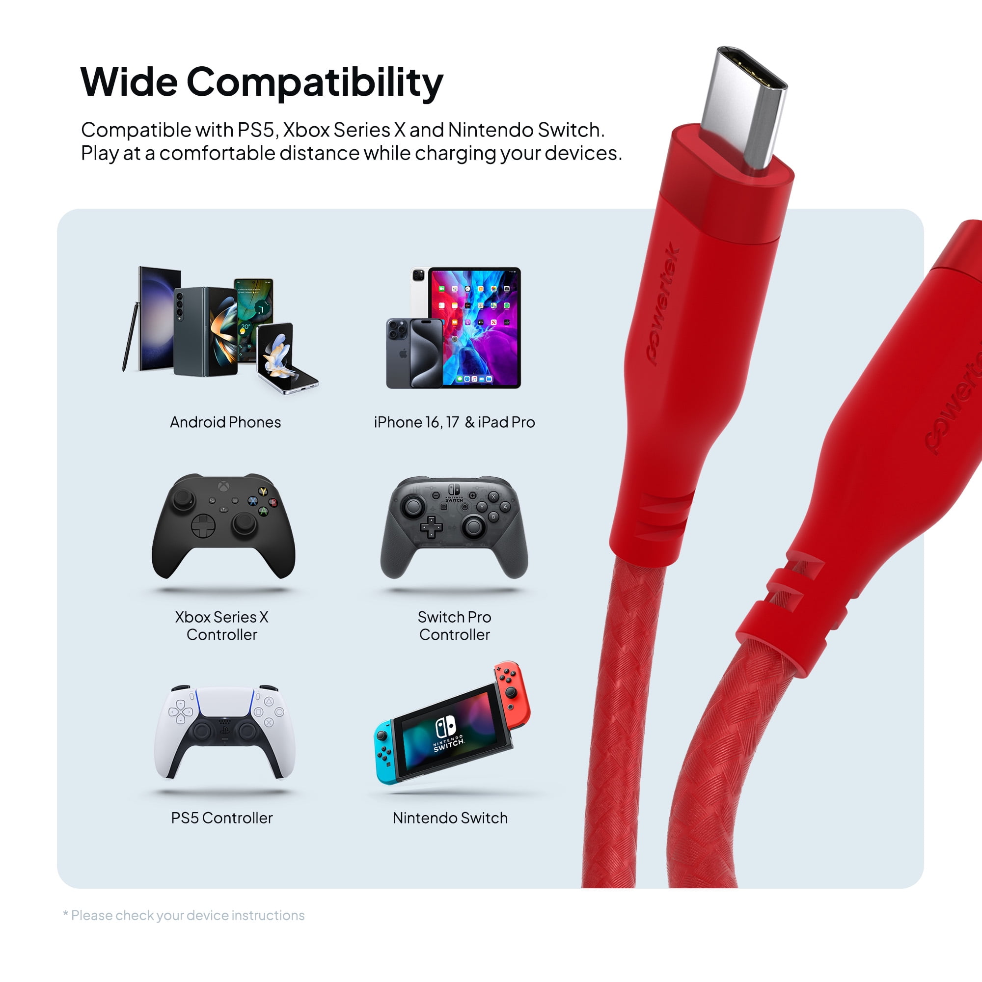 Powertek USB-C to USB-C Fast Charging Cable, 60W, 6 ft, Carbon Design Texture, Red