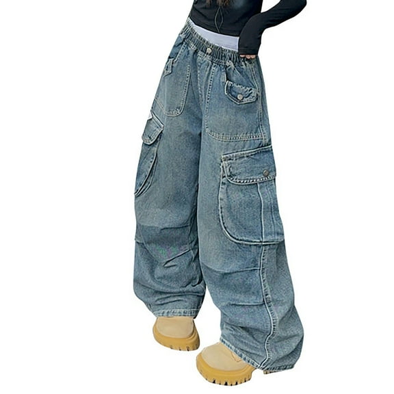 Ruyang Kids Cargo Jeans Multi Pockets Baggy Wide Leg Vintage Denim Pants Teen Girls High Waist Straight Streetwear Jeans