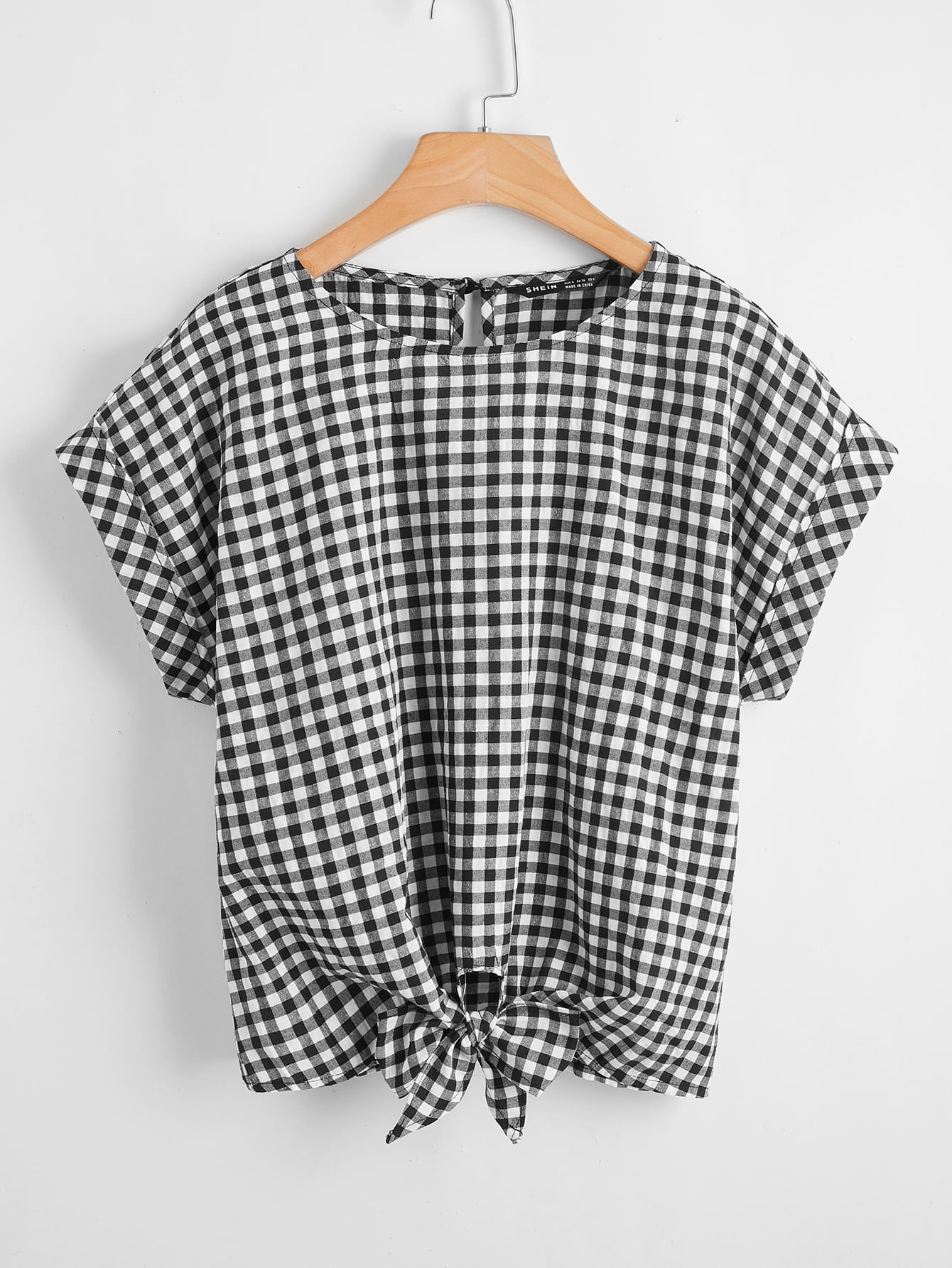 Black and White Women's Plus Batwing Sleeve Tie Hem Gingham Top S011E  Casual 0XL(12)