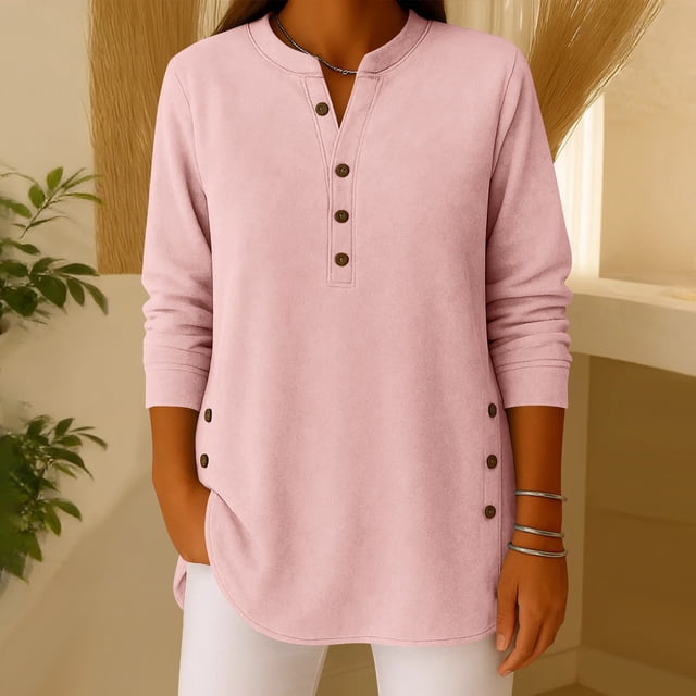 TaTaai Women's Solid Color V-Neck Long Sleeve Casual Loose Velvet Shirt Ladies Soft Comfortable Blouse for Daily Work Travel Shopping Streetwear All Season Wear Gift