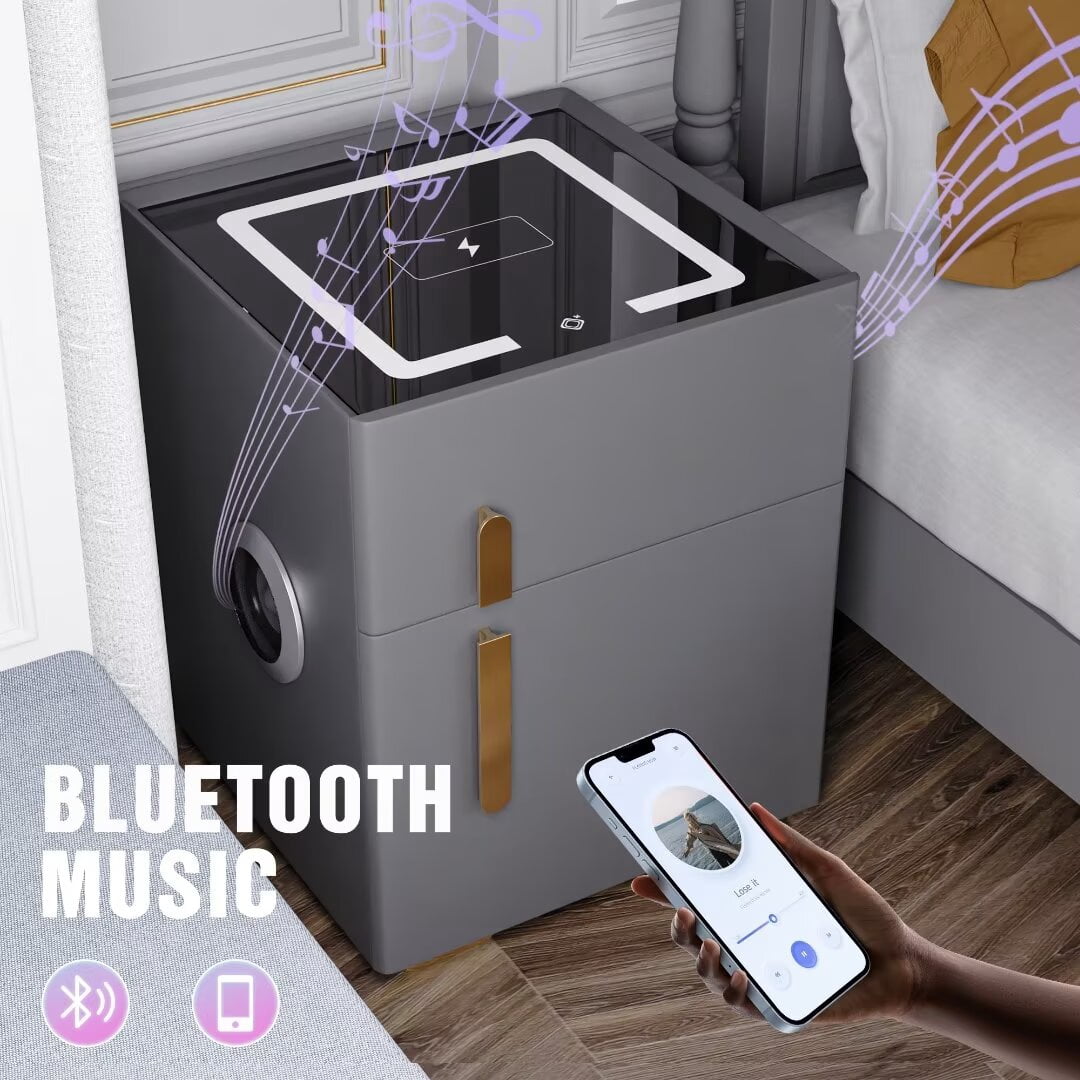 AFANQI Nightstand With Safe Box And Led Lights And Wireless Charge And Bluetooth Speaker