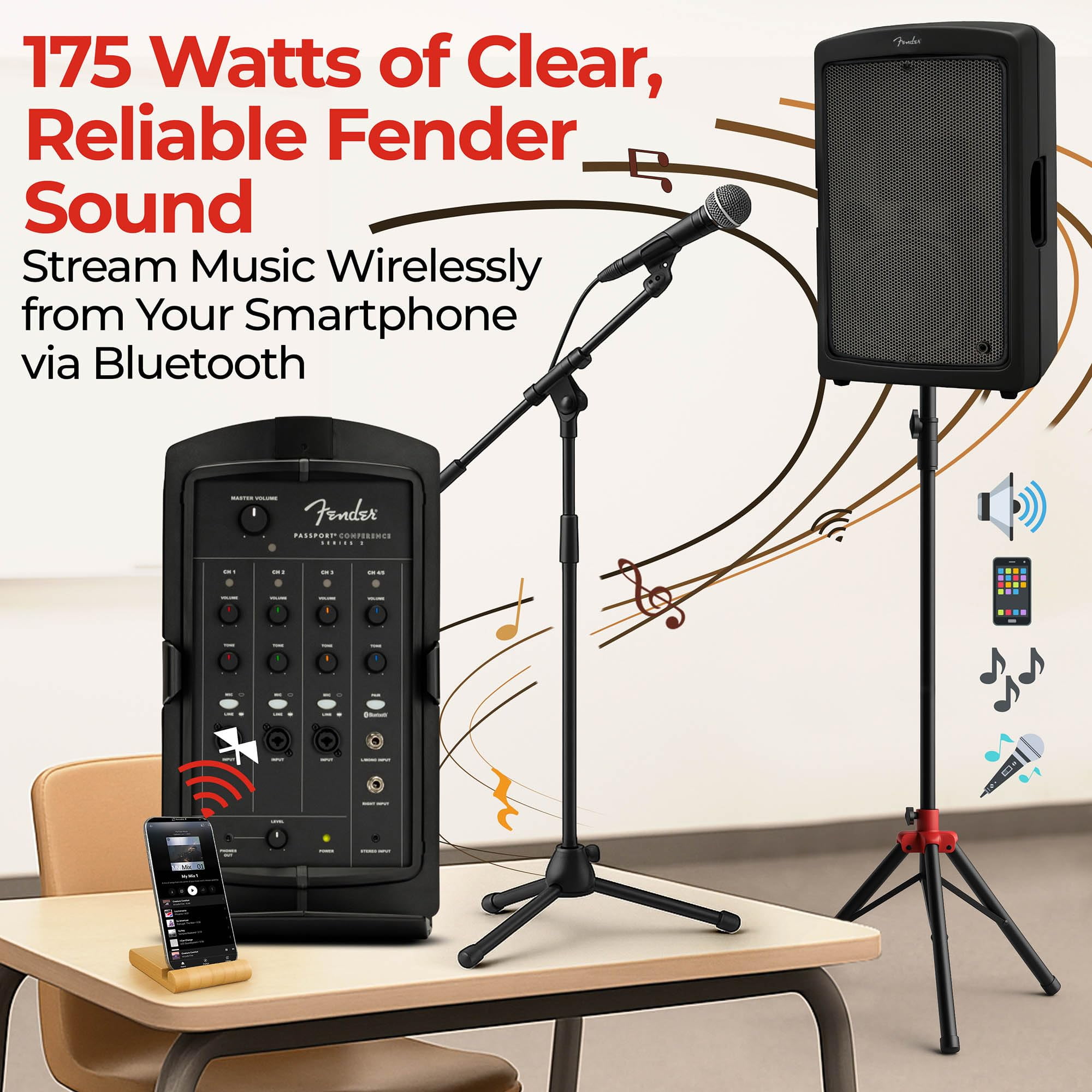 Fender Passport Conference S2 Portable PA System Bundle with Microphone, Compact Speaker Stands, XLR Cable, and Instrument Cable