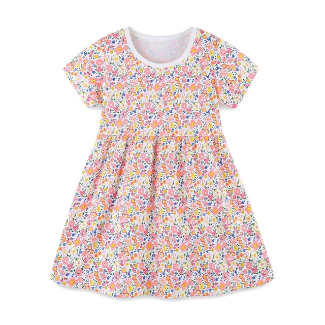 Robe Florale pour Filles, Robe d'Été pour Fillettes avec Manches Volantes, Robe de Fête pour Enfants, Robe en Coton pour 2-7 Ans