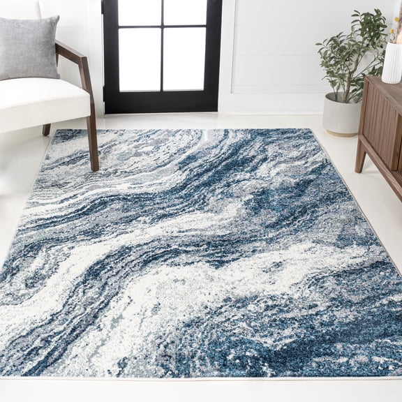 JONATHAN Y SUPERSOFT 3 x 5 Area Rug, Kassia Contemporary Glam Abstract Marble - Navy/Cream, SEU300B-3