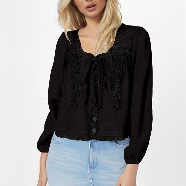 MHFRRA Blusas de Encaje con Lazo Frontal para Mujer, Blusas de Gasa con Cuello En V y Ribete de Volantes, Camisas de Manga Larga con Botones y Peplum Transparente. Negro