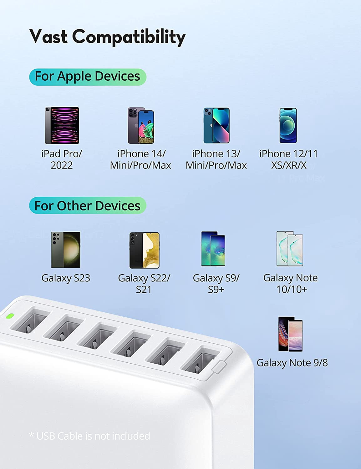 USB Charger 60W USB Charging Hub 12A 6-Port Desktop USB Charging Station with Multiple Port Compatible with iPhone 14 Pro Max 13 Pro Max Mini 12 Pro Max 11 X SE, iPad Pro Air Galaxy S23 (White)
